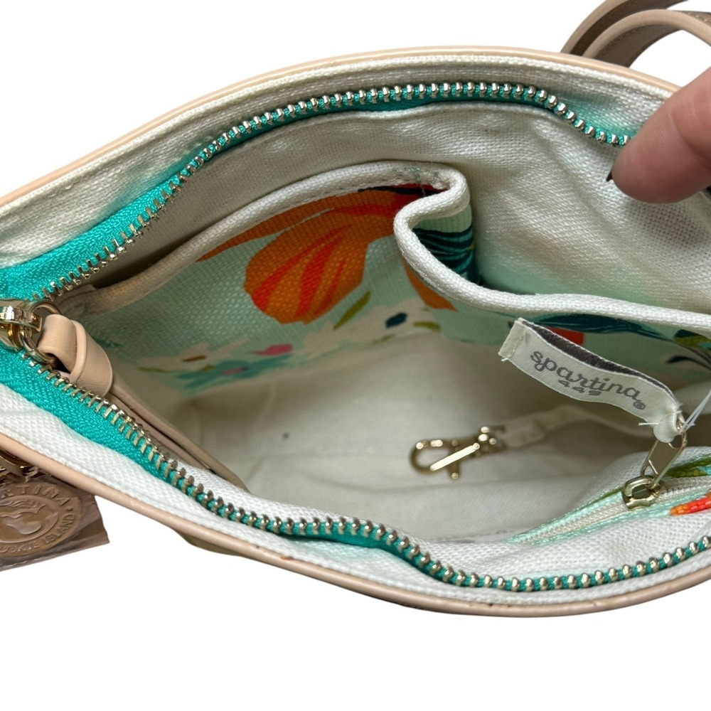 Spartina 449 Crossbody Bag 9" Aqua Tropical Floral Tan Adjustable Strap New - Picture 7 of 9